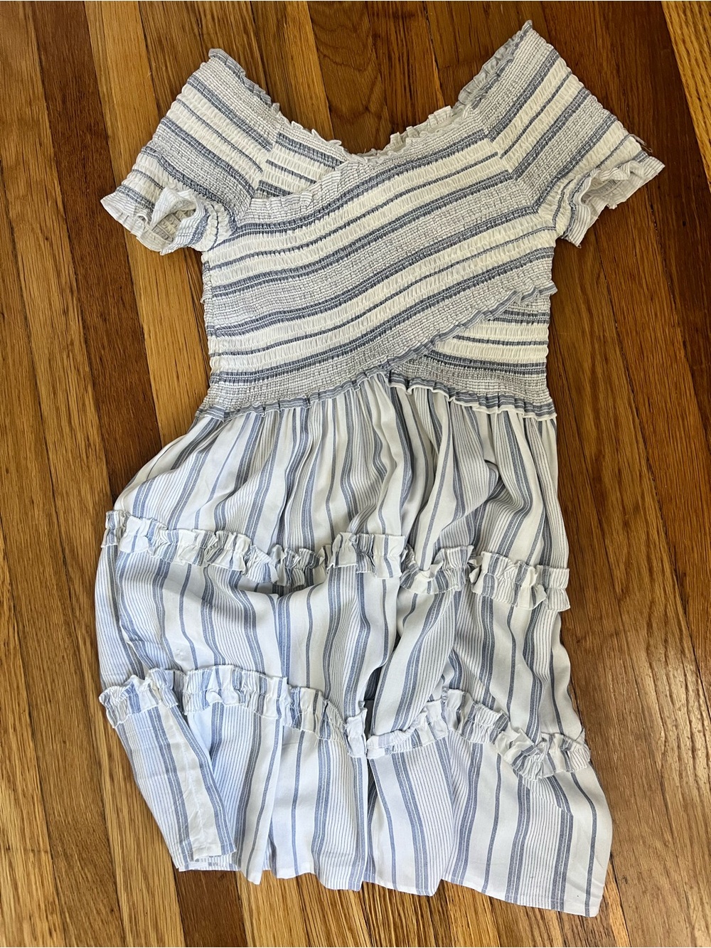 Blue & White Striped Smocked Midi Dress